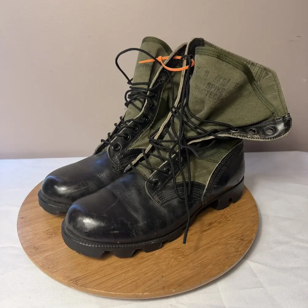Vietnam War Original US Military Jungle Boots Green Canvas Black Leather Size 7W